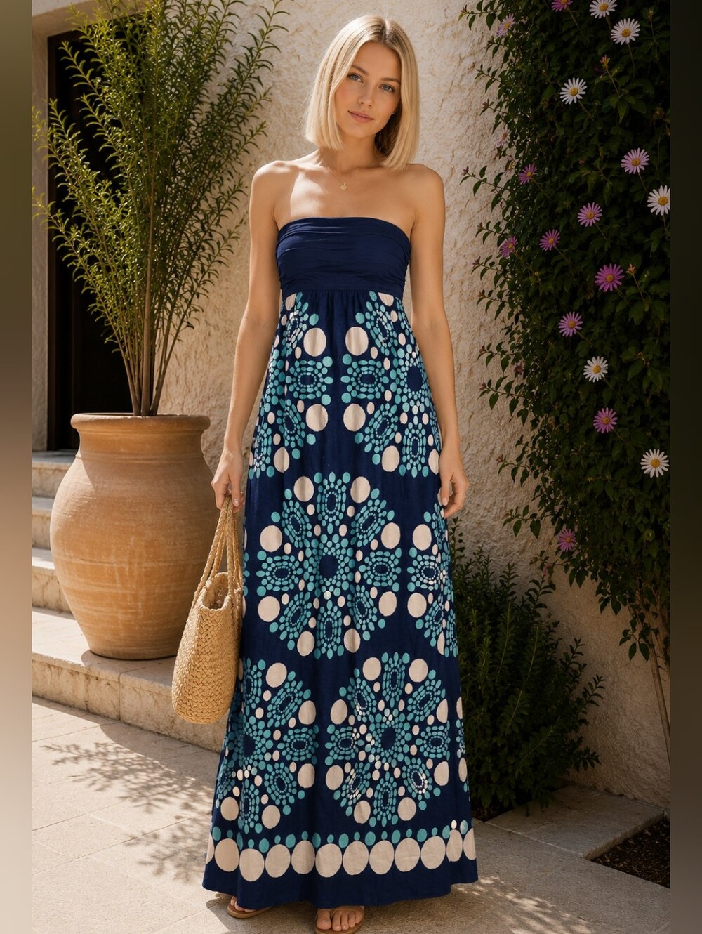 Anthropologie Cotton Strapless Navy Blue Printed Maxi Dress Boho Beach Resort 6